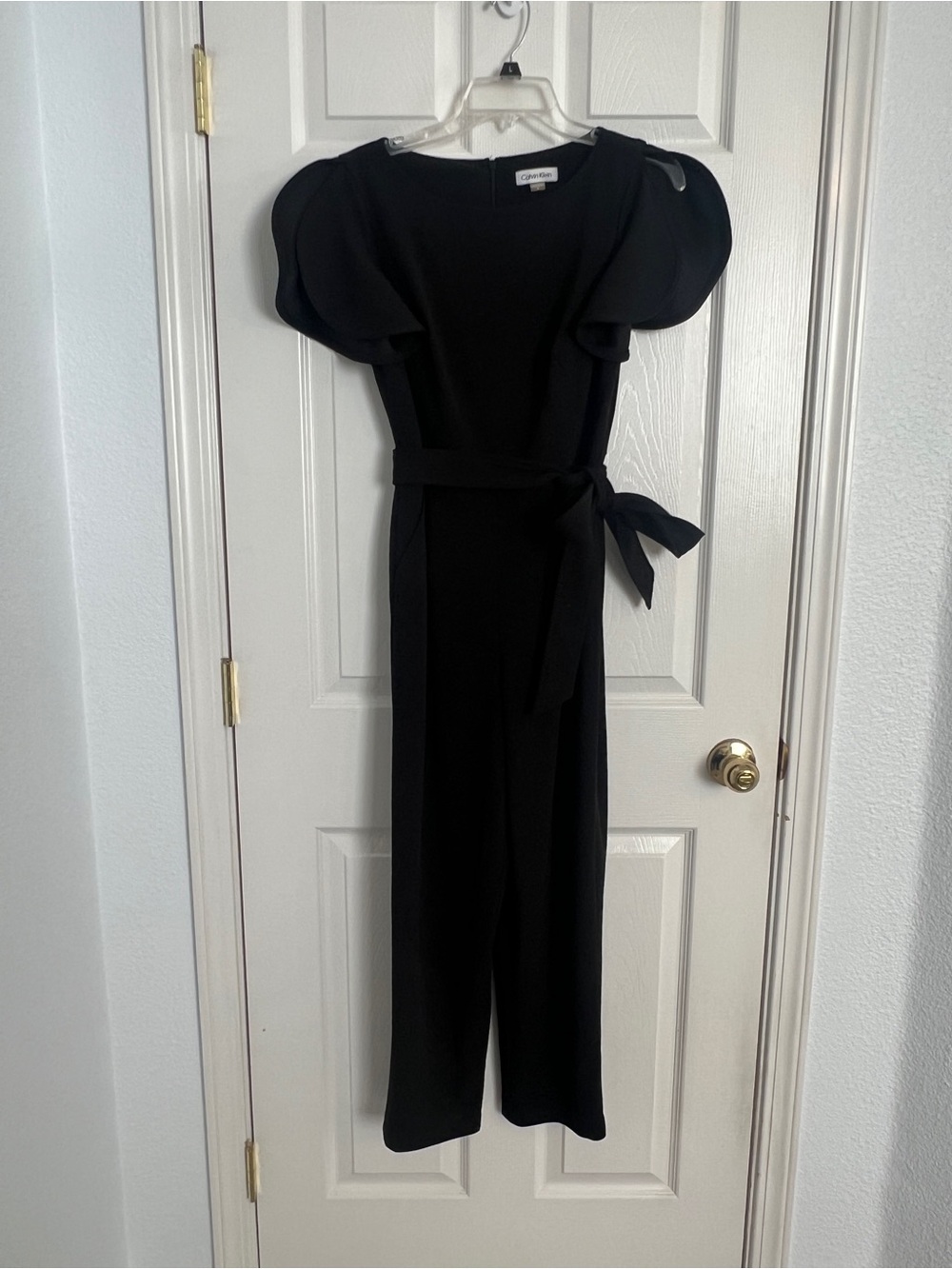 Calvin Klein Black Puff-Sleeve Belted Jumpsuit